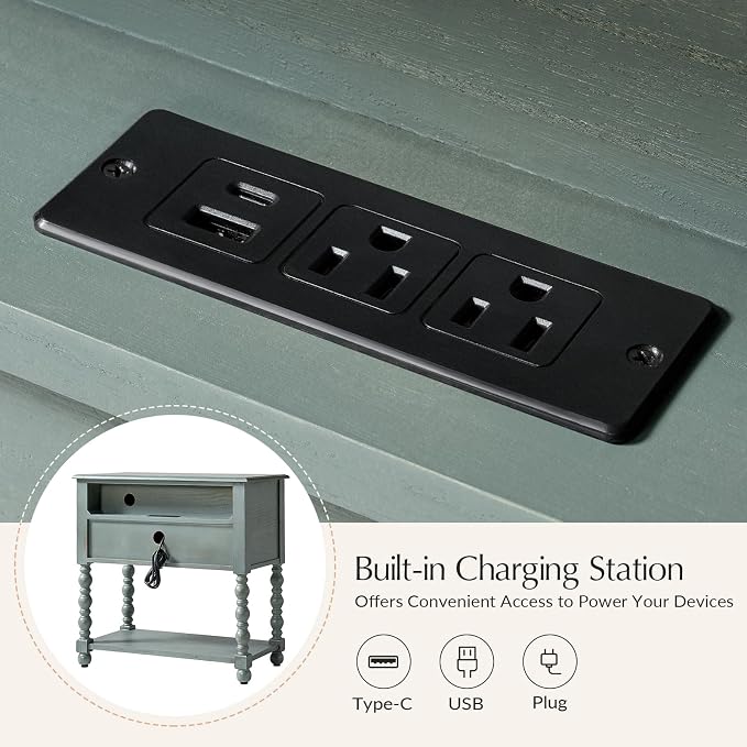 HULALA HOME Farmhouse Storage End Table with 2 Drawers and Open Shelf, Solid Wood Side Table with Spindle Legs, End Table with Charging Station (Blue) - Image 3