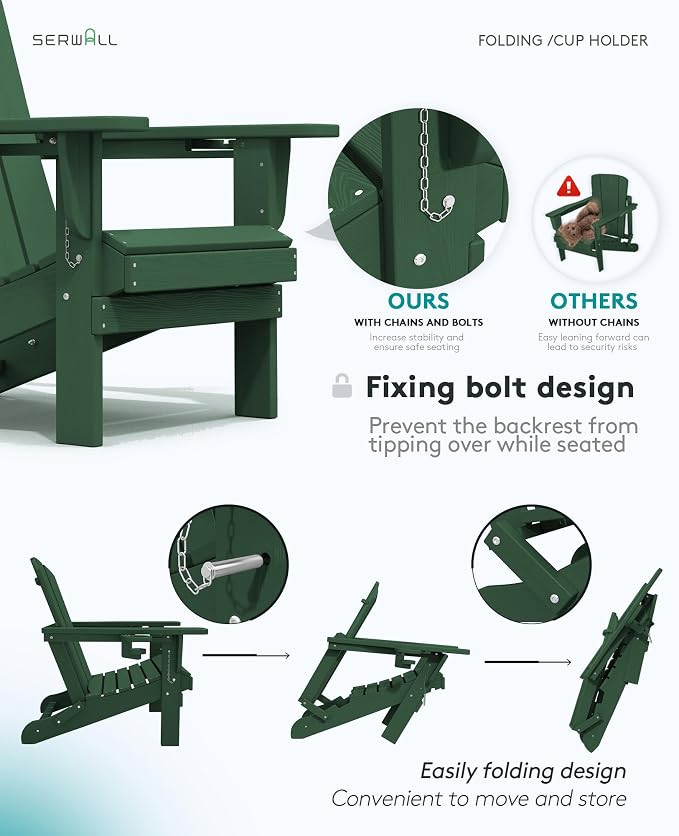 SERWALL Adirondack Chair with Cup Holders - Composite Adirondack Chairs Set of 2 HDPE Outdoor Chairs All Weather Use- Green - Image 7