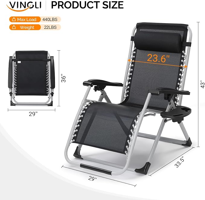 VINGLI 29" Padded Zero Gravity Chair, Lounge Chair with Removable Cushion & Tray， Folding Reclining Patio Chairs， Recliner Chair for Lawn，Indoor Outdoor-Blue - Image 5