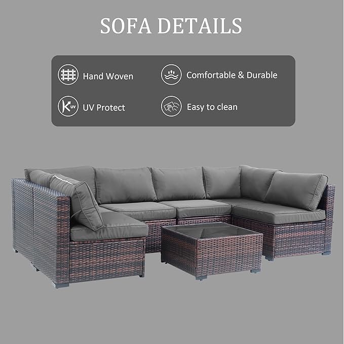 7 Piece Outdoor Patio Furniture Set, Rattan Weather-Resistant Outdoor Conversation Set, Outside Furniture Patio Sectional Sofa Set with Thick Cushions and Coffee Table, Gray