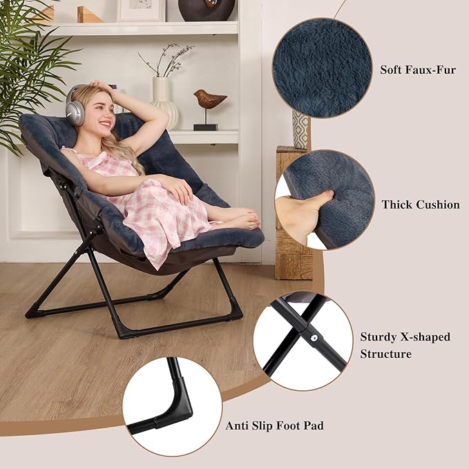 Comfy Saucer Chair for Adults, Soft Faux Fur Bedroom Chair with Ottoman, Accent Dorm Chairs, Living Room Reading Chairs and Footstool, Folding Seat for Teens, X-Large, Navy Blue