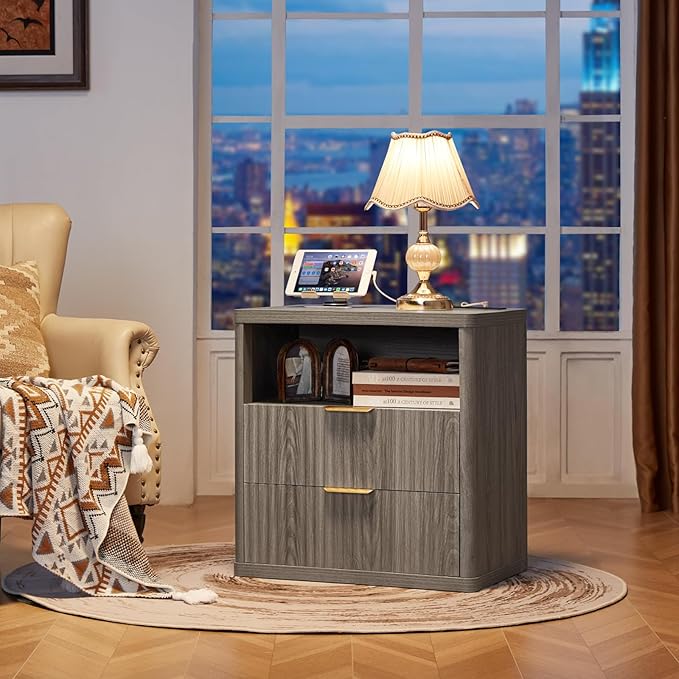 LEYAOYAO 48" Wide Fluted Dresser and 2 Drawers 23" Nightstand Set of 2, Wooden Dresser & Night Stand with Charging Station, 3 Piece Bedroom Furniture Set, Wood Chest of Drawer for Living Room,Grey