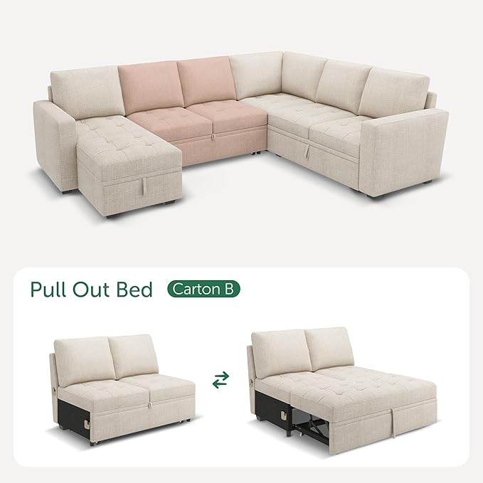 HONBAY Modular Sectional Sleeper Sofa with Pull Out Bed, Pull Out Bed for Sectional Couch, Beige