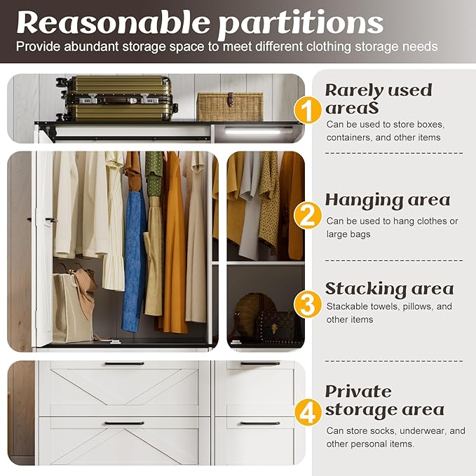 PAKASEPT Armoire Wardrobe Closet with w/Folding Sliding Barn Door, 72.83" H Bedroom Armoires with Mirror and Sensor Lights, Hanging Rod, Wardrobe Closet for Bedroom (6 Doors)
