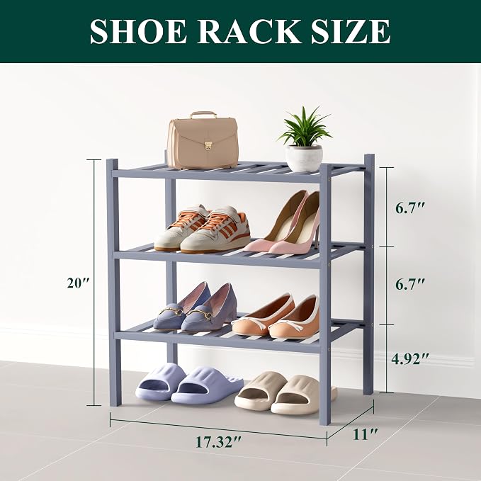 Smiry Bamboo Shoe Rack for Closet, 3 Tier Small Wooden Stackable Shoe Organizer, Free Standing Shoes Storage Shelf for Entryway, Front Door Entrance, Grey - Image 2