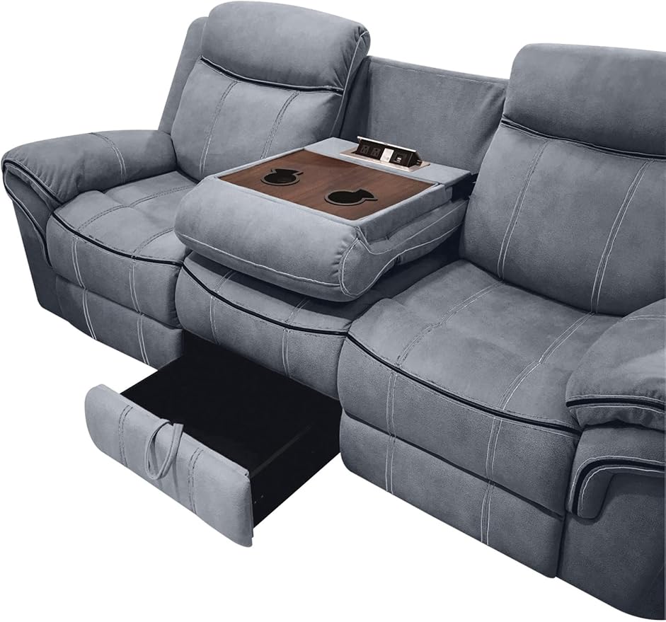 Acme Furniture Zubaida 41" x 87" Modern Velvet Reclining Sofa with USB Dock, 1 Storage Drawer, Tight Back & Seat Cushion, in 2-Tone Gray Finish