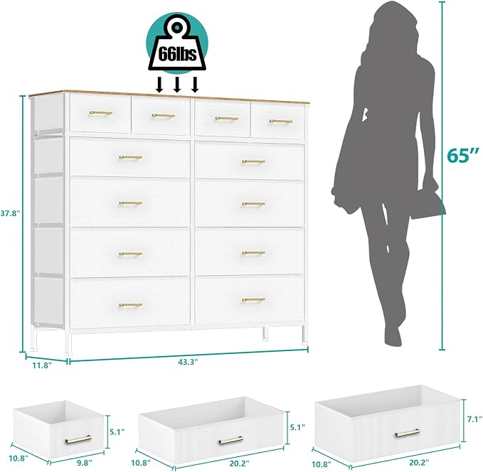 VASICAR White Dresser for Bedroom with 12 Deep Drawers, Wide Chest of Drawers, 55" TV Stand with Retro Wood Top, Tall Fabric Dresser for Closet, Nursery - Image 3