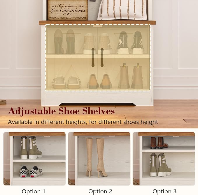 CSZZD Hall Tree with Bench and Shoe Storage, Entryway Bench with Coat Racks and Led Lights, Farmhouse Small Hall Tree with Shoe Cabinet, 7 Coat Hooks, 6 Storage Cubbies, Adjustable Shelf - Image 3
