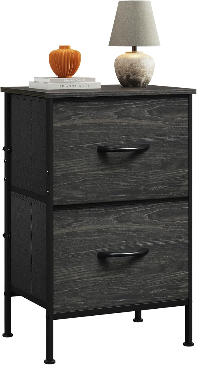 WLIVE Nightstand, Nightstand with 2 Drawers, Bedside Furniture, Night Stand, Small Dresser for Bedroom, College Dorm, End Table with Fabric Bins, Dormitory, Charcoal Black Wood Grain Print by WLIVE