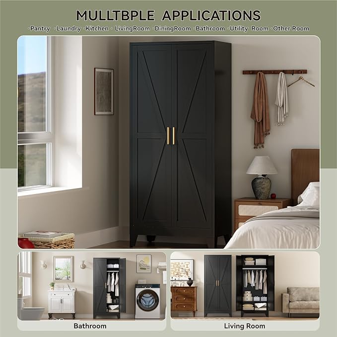 COFaR Metal Wardrobe Cabinet, 71" Farmhouse Storage Cabinet with Hanging Rod, 2 Barn Door, 2 Adjustable Shelves and Legs, for Bedroom, Laundry Room, Cloak Room, Gym, Office, School (Black)