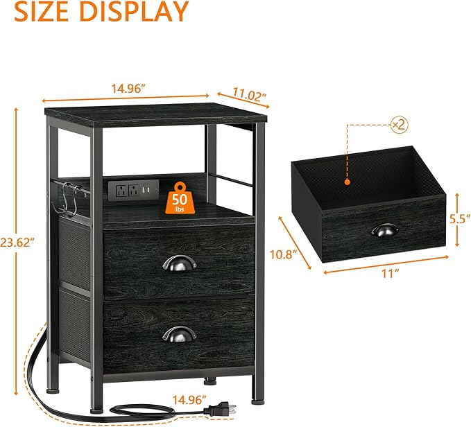 Furologee Nightstand Set of 2, Black Oak, with Charging Station and USB Ports, Side Tables with 2 Fabric Drawers, Bedside Tables with Storage Shelf & Hooks, for Living Room/Bedroom - Image 3