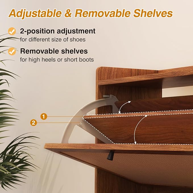 AVZEAR Narrow Shoe Storage Cabinet for Entryway with 2 Flip Drawers, Freestanding Shoe Cabinet with Natural Linen Panel, Slim Wood Shoe Organizer Closed Shoe Rack for Hallway, Foyer(Walnut) - Image 4