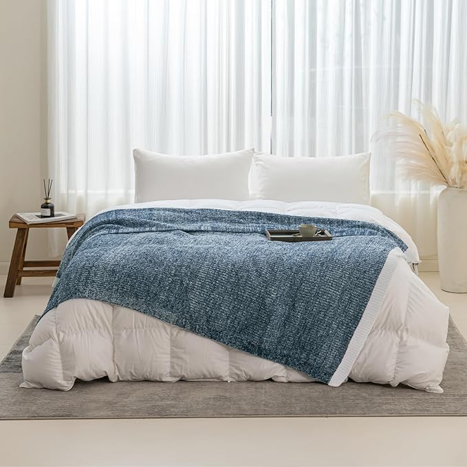 MH MYLUNE HOME Ultra Soft Ribbed Throw Blanket for Couch 50x60 Inches Luxurious Super Cozy Fluffy Microfiber Blanket Plush Warm Reversible Throw Blankets for Sofa Bed - Blue 50 x 60 Inches