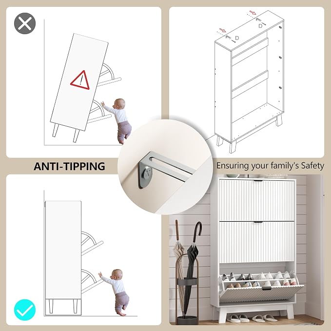 Shoe Cabinet Storage for Entryway with 3 Flip Drawers, Fluted Narrow Shoe Organizer with Wooden Legs, Freestanding Slim Shoe Storage Hidden Shoe Rack Organizer for Front Door Entrance, Hallway, White - Image 7