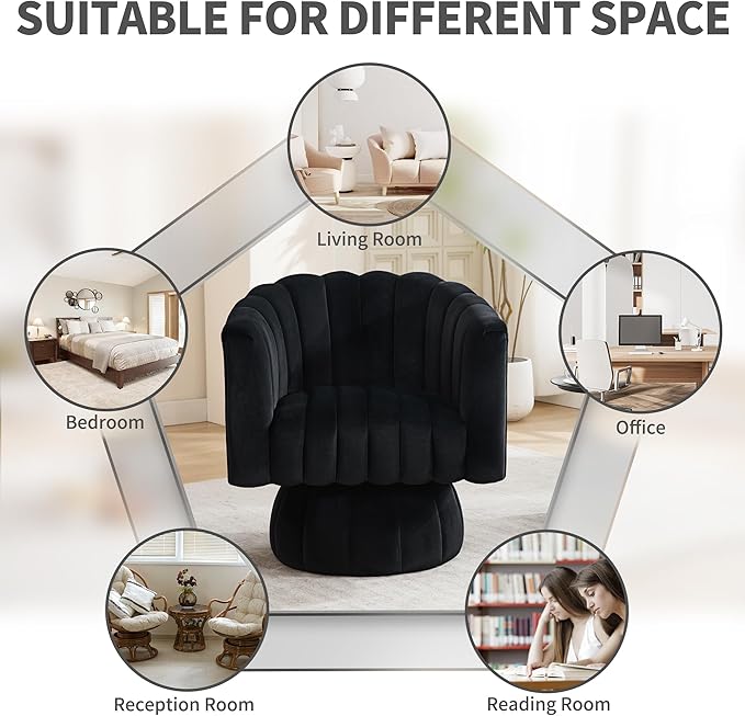 Swivel Accent Barrel Round Chair - Comfy 360° Arm Chairs Cute Small Sofa Club Velvet Reading Chair for Living Room Bedroom Office - Black