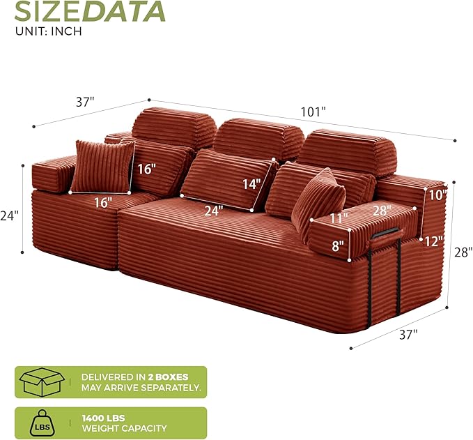 101" 3 Seater Sofa Cloud Modular Sectional Sofa with Chaise & Headrest, Boneless Deep Seat Plush Corduroy Couches for Large Living Room, No Assembly Required (Orange, 101" 3 Seater)