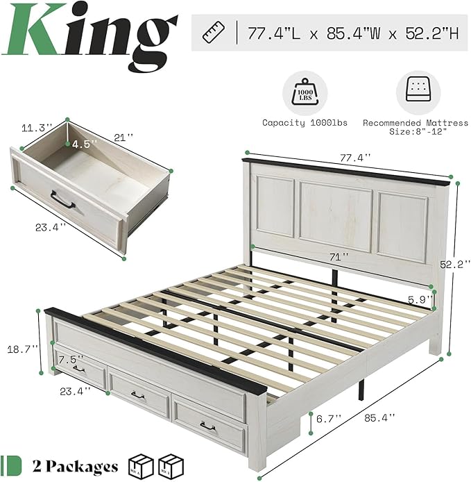 AMERLIFE 5 Pieces Farmhouse Bedroom Sets Includes King Size Farmhouse Bed Frame with 52.2" Headboard, 7 Drawers Dresser, 6 Drawer Tall Dresser, Two Nightstands with Charging Station, White
