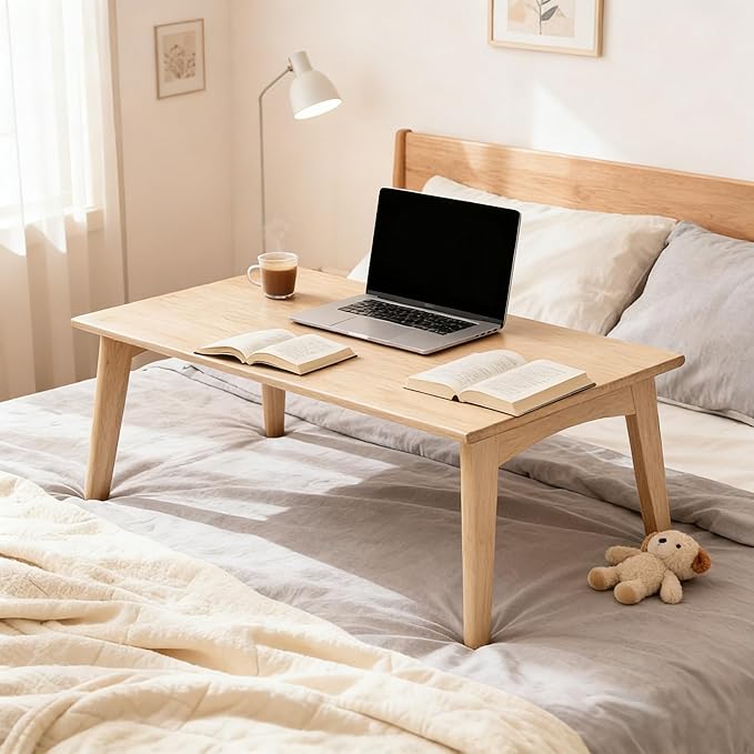 Japanese Floor Table No Assembly Required Bamboo Folding Walnut Coffee Table Bedroom Furniture Low Tea Table for Sitting on The Floor (Natural Wood, Large)