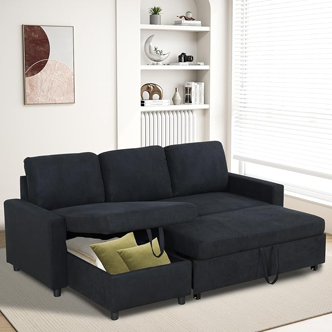 Rovibek 83" Convertible Sofa Bed Couch with Storage - 4 in 1 L Shaped Sofa with Pull Out Couch Bed for Living Room, Apartment, Office, Small Spaces, Jet Black