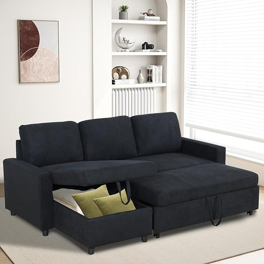 Rovibek 83" Convertible Sofa Bed Couch with Storage - 4 in 1 L Shaped Sofa with Pull Out Couch Bed for Living Room, Apartment, Office, Small Spaces, Jet Black