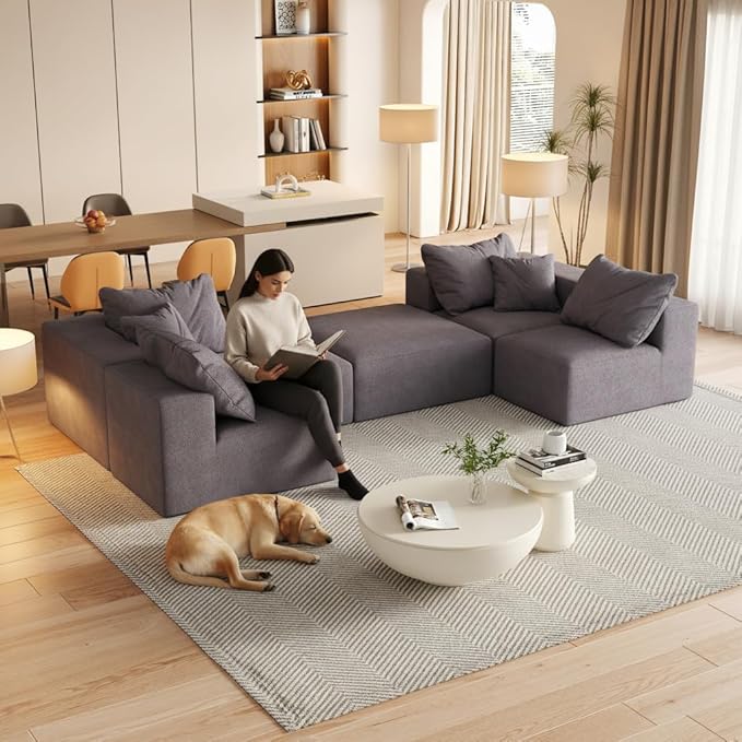 KEIKI 132" Boneless Sofa with Ottoman, L Shaped Corner Couch, Upholstered Corduroy Free Combination Sectional Couch for Living Room, Bedroom, Gray