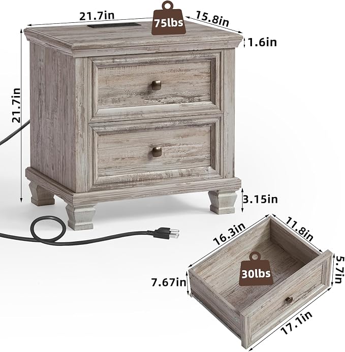 SAVOR LIFE Farmhouse Nightstand Set of 2 for Bedroom, Mid-Century Low Nightstands with 2 Drawers & Charging Station, Vintage Night Stands with 4 Square Solid Wood Legs, Small Dresser for Home, Grey - Image 2