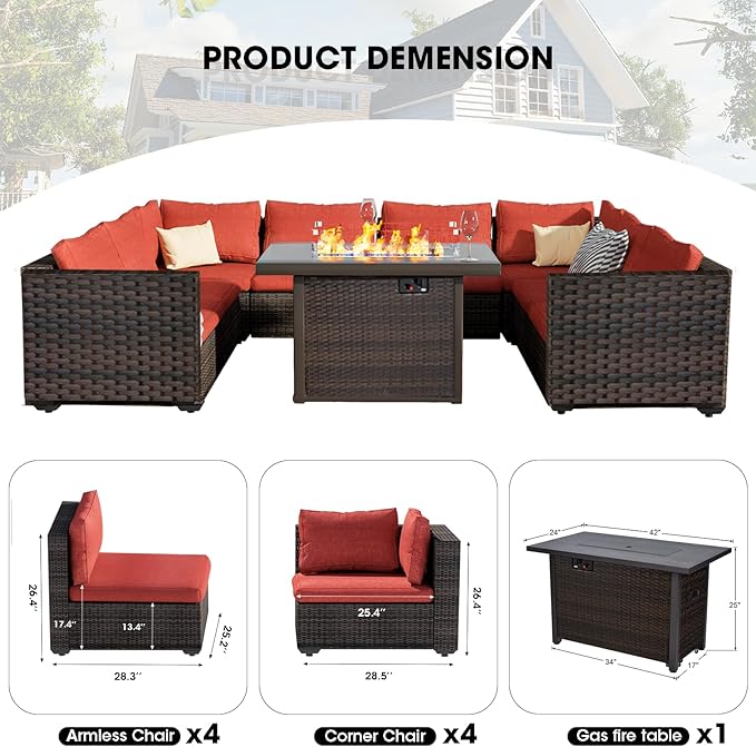 9 Piece Patio Furniture Set with Fire Pit Table, Outdoor Sectional Sofa PE Rattan, Patio Conversation Sets with Cushions for Garden Lawn Balcony Porch Deck Red