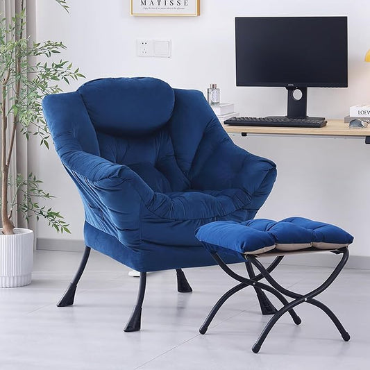 Lazy Chair with Ottoman, Modern Accent Chair Sofa Chair with Armrests, Reading Chair and Folding Footstool for Living Room, Bedroom, Office, Royal Blue