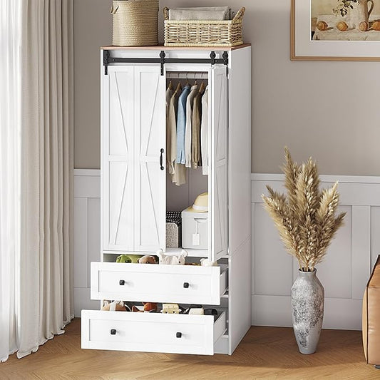 Maupvit Farmhouse Armoire with 2 Folding Sliding Barn Doors and Drawers 70.9" Tall Wooden Bedroom Wardrobe Closet with Spacious Storage Cabinet with Hanging Rod for Bedroom, White
