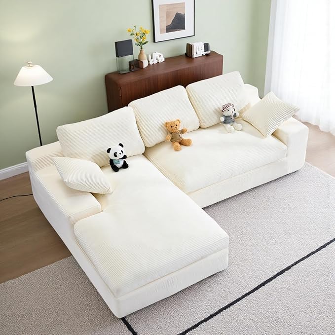 L Shaped 4 Seater Sofa, Modern Modular Sofa with 3 Back Cushions & 2 Coordinating Pillows, 98'' Corduroy Leisure Combination Couch with Wide Seat & High-Resilience Foam for Living Room, White