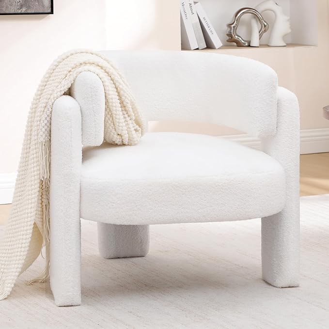 Accent Chair for Living Room, Modern Sherpa Barrel Chair, Upholstered Living Room Chairs with 3 Legs, Comfy Armchair Reading Side Chair for Bedroom, Office, Apartment, White