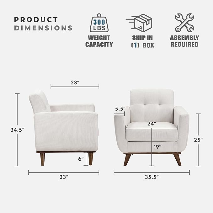 Lexicon Modern Accent Chair, Textured Fabric Upholstered Armchair with Brown Wood Legs, Track Arms, Tufted Chair Back for Living Room/Office/Waiting Room, Beige
