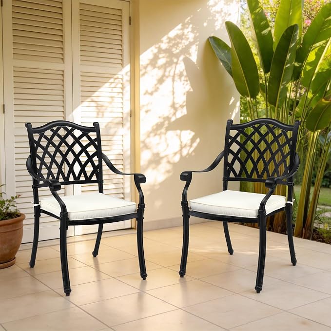 VINGLI Patio Chairs Set of 4 - Stackable Outdoor Cast Aluminum Dining Chairs with Vintage Black Finish and Diamond Pattern, Metal Armchairs for Poolside, Backyard, Balcony (with Cushion) - Image 2