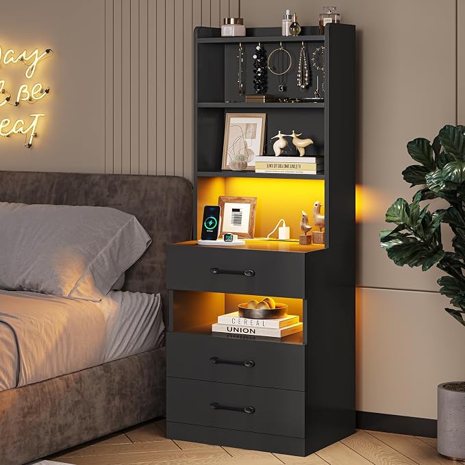 VIAGDO Tall Nightstand Set of 2 with Charging Station and LED Lights, Black Night Stand Set 2 with Bookshelf, Modern LED Bedside Tables with 3 Drawers and Storage Shelves, Side Tables for Bedrooms - Image 7