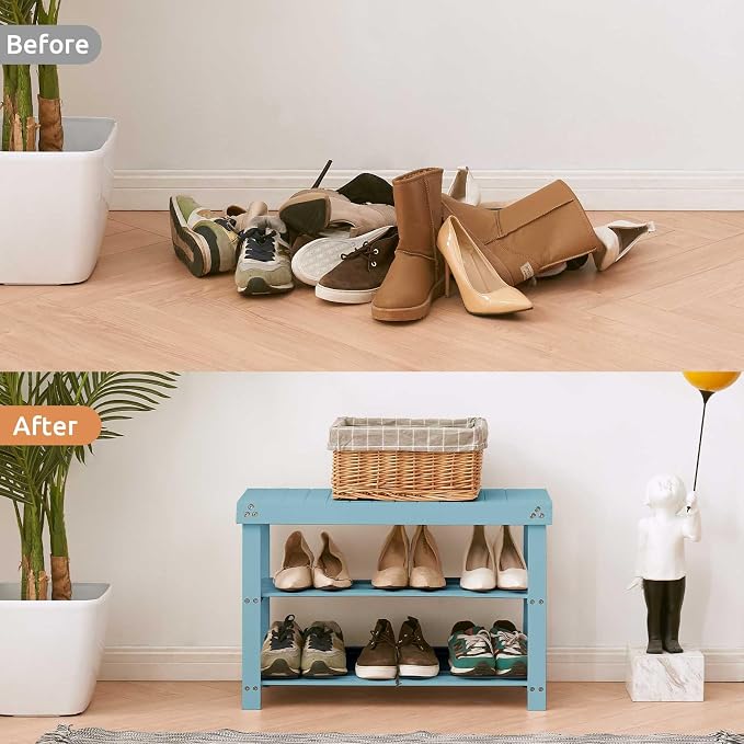 Apicizon Bamboo Shoe Rack for Entryway, 3-Tier Shoe Rack Bench for Front Indoor Entrance, Small Shoe Organizer with Storage, Blue - Image 4