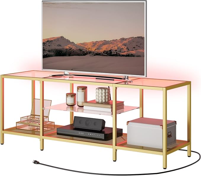 HOOBRO TV Stand with LED Lights and Power Outlets for TVs up to 65", Modern 55 Inch Tempered Glass TV Console Table with Open Shelves, Media Entertainment Center for Living Room, Gold GD145UDS01 by HOOBRO
