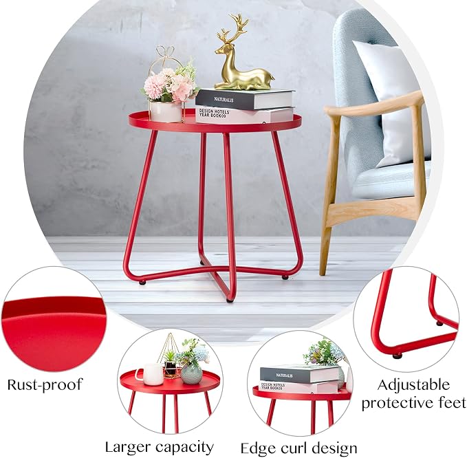 danpinera Outdoor Side Tables, Weather Resistant Steel Patio Side Table, Small Round Outdoor End Table Metal Side Table for Patio Yard Balcony Garden Bedside (Red) - Image 5