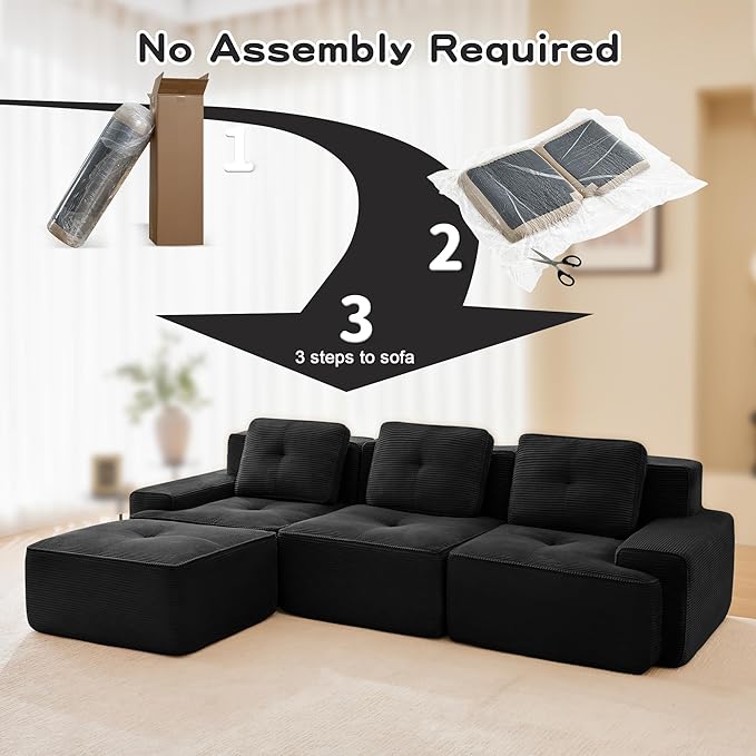 Casaphoria 115'' Boneless Sofa with Ottoman, 3-Seater Modular Couch with 3 Pillows for Living Room, L Shape Cloud Sectional Sofa, No Assembly, Black
