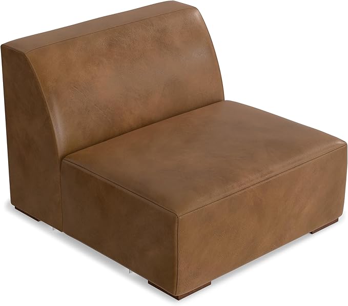SIMPLIHOME Rex Center Sofa Module in Full-Grain Genuine Leather, Caramel Brown, 34-inches Wide, Handcrafted Modern-Style Armless Sofa or Armless Chair for Living Room and Family Room