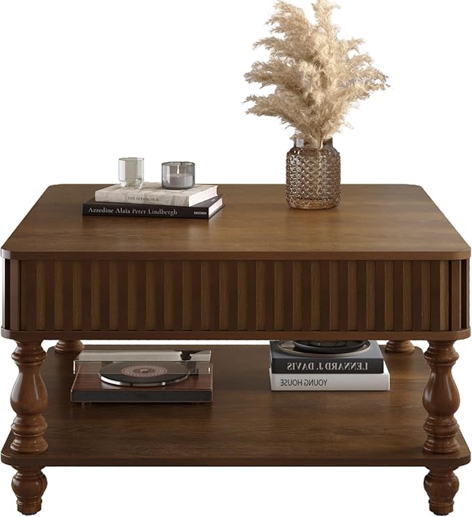 31.5" Square Lift Top Coffee Table with Storage Modern Fluted Coffee Tables with Lifting Top, Farmhouse Solid Wood Center Table with Table Legs for Living Room, Apartment or Office (Walnut)