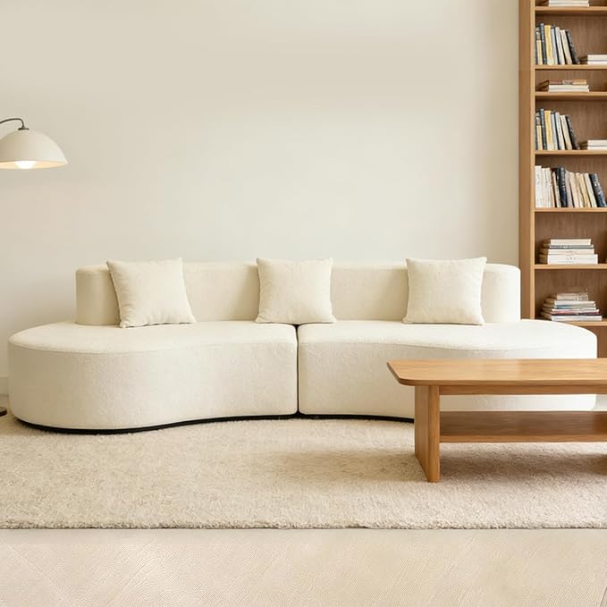 Modern Curved Sectional Sofa Couch 95" Beige - Cloud Fleece Upholstered 4-Seater Modular Boneless Couches for Living Room, Office, Apartment