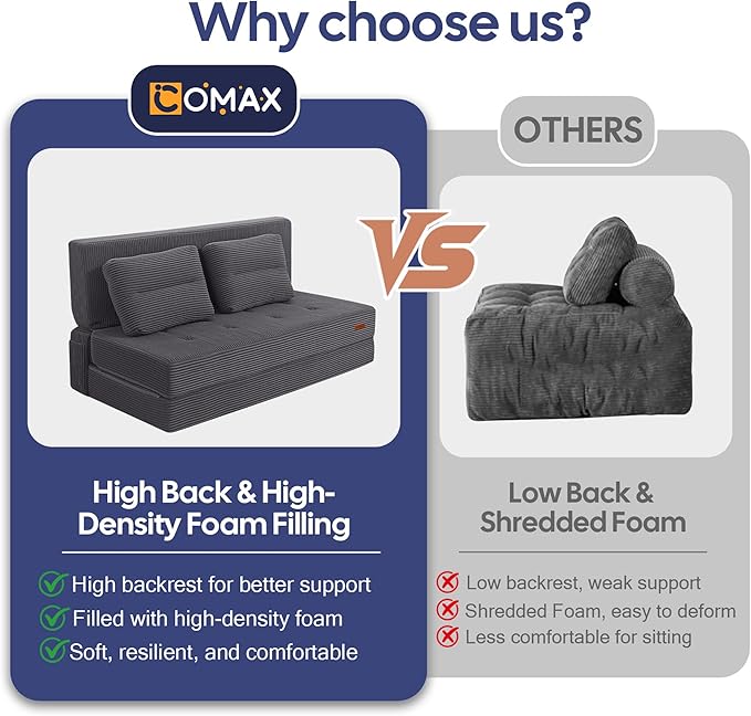 COMAX Folding Sofa Bed, Foldable Couch for Bedroom, Convertible Floor Sleeper Futon Chair Foam, Corduroy 3 in 1 Fold Out Chair Portable Comfy Lounge Couch Sofa Bed for Small Space, Full, Grey