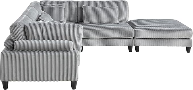 Lexicon 120 Inch Modular Sectional Sofa - Oversized 5 Seater Corduroy L Shaped Sectional Couch with Ottoman, 6 Accent Pillows, and Flexible Arrangement for Modern Living Rooms, Gray