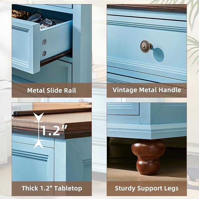 Joaxswe Farmhouse Nightstand Set of 2 with Charging Station, 24" Wide End Table with 3 Drawers,Dresser for Bedroom,Bed Side Table Chest of Drawers Cabinet,Wood Light Blue Night Stand for Living Room - Image 7