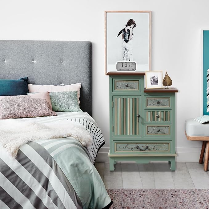 Ahokua Vintage Accent Chest with 5-Drawers and Door Carved Wood Storage Cabinet Modern Dresser for Living Room, Entryway, Hallway, Sage Green - Image 9