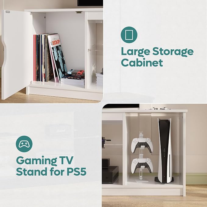 Bestier 57" Gloss White TV Stand for 65" TVs - Modern Gaming Console Unit with Glass Shelves, PS5/Xbox Cabinet, Adjustable Height Entertainment Center for Bedroom & Living Room - Image 7