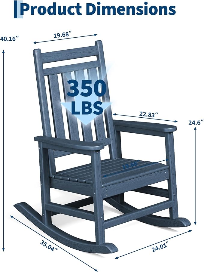 Garvee HDPE Rocking Chair Outdoor Set of 2 - Poly High Back Porch Rocker Chairs for Adults - All Weather Resistant Furniture for Patio Front Porch - Navy Blue - Image 2