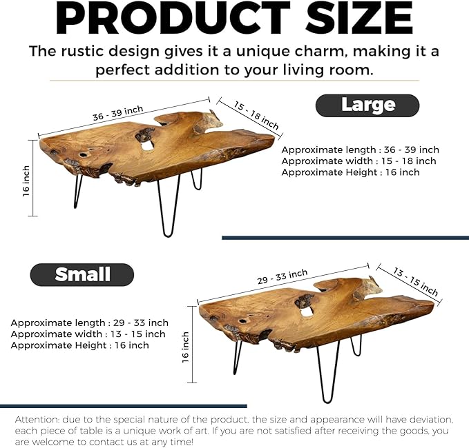 Live Edge Coffee Table - Natural Wood Coffee Table for Living Room, Handcrafted Rustic Modern Furniture with Unique Grain Pattern