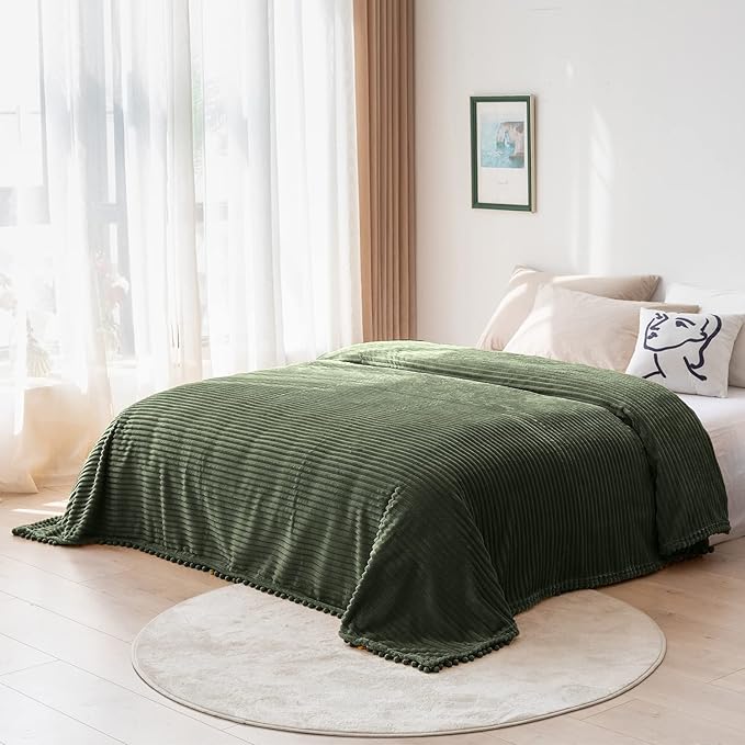 DISSA Fleece Blanket Throw Size – 51x63, Olive Green – Soft, Plush, Fluffy, Fuzzy, Warm, Cozy – Perfect Throw for Couch, Bed, Sofa - with Pompom Fringe - Flannel Blanket Throw Blanket