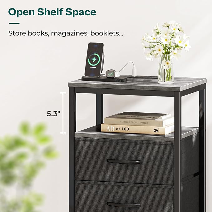 Huuger Nightstand with Charging Station, 27.6 Inch End Table Bedside Table with USB Ports and Outlets, Fabric Drawers, Night Stand for Bedroom, Charcoal Gray - Image 7
